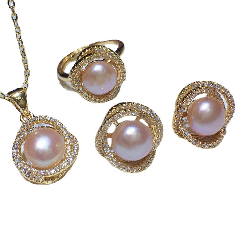 Natural Freshwater Pearl, Ring, Stud Earrings, Pendant Set Pink 8-9mm