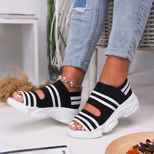 Fashionkova New Women Sandals 2022 High Heels Platform Women Shoes Summer Female Flats Knitting Slip On Peep Toe Casual Women Sandals