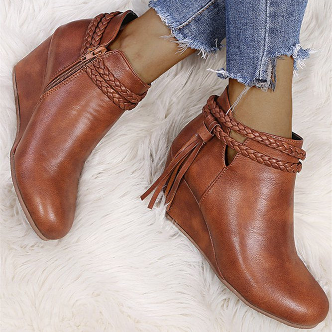 Womens's Plus Size Braided Strap Fringed Wedge Heel Booties