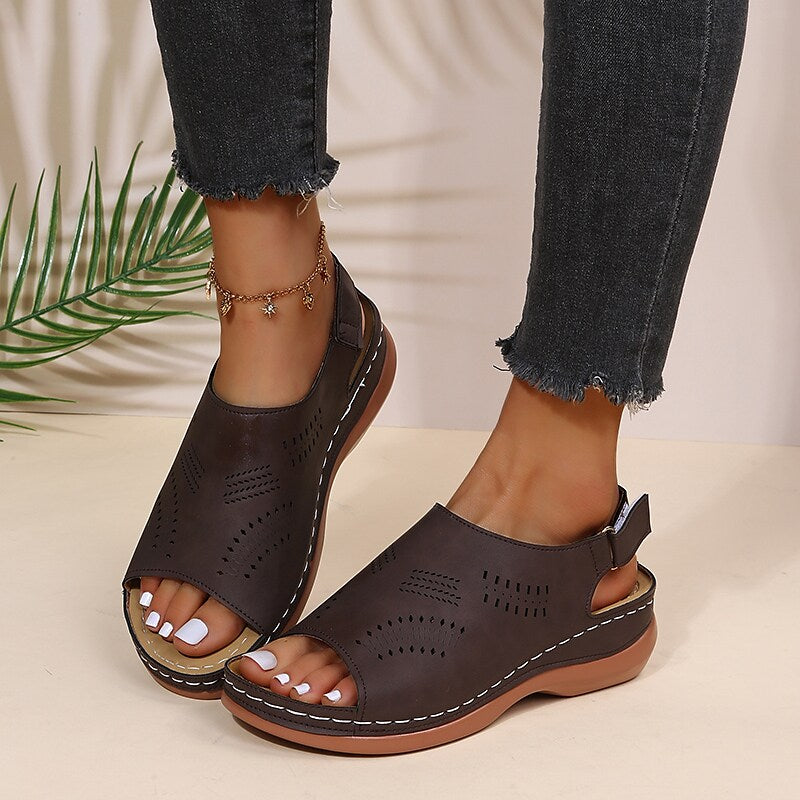 Women's Sandals Daily Summer Wedge Heel Round Toe Casual Walking Shoes PU Leather Ankle Strap Black Blue Brown