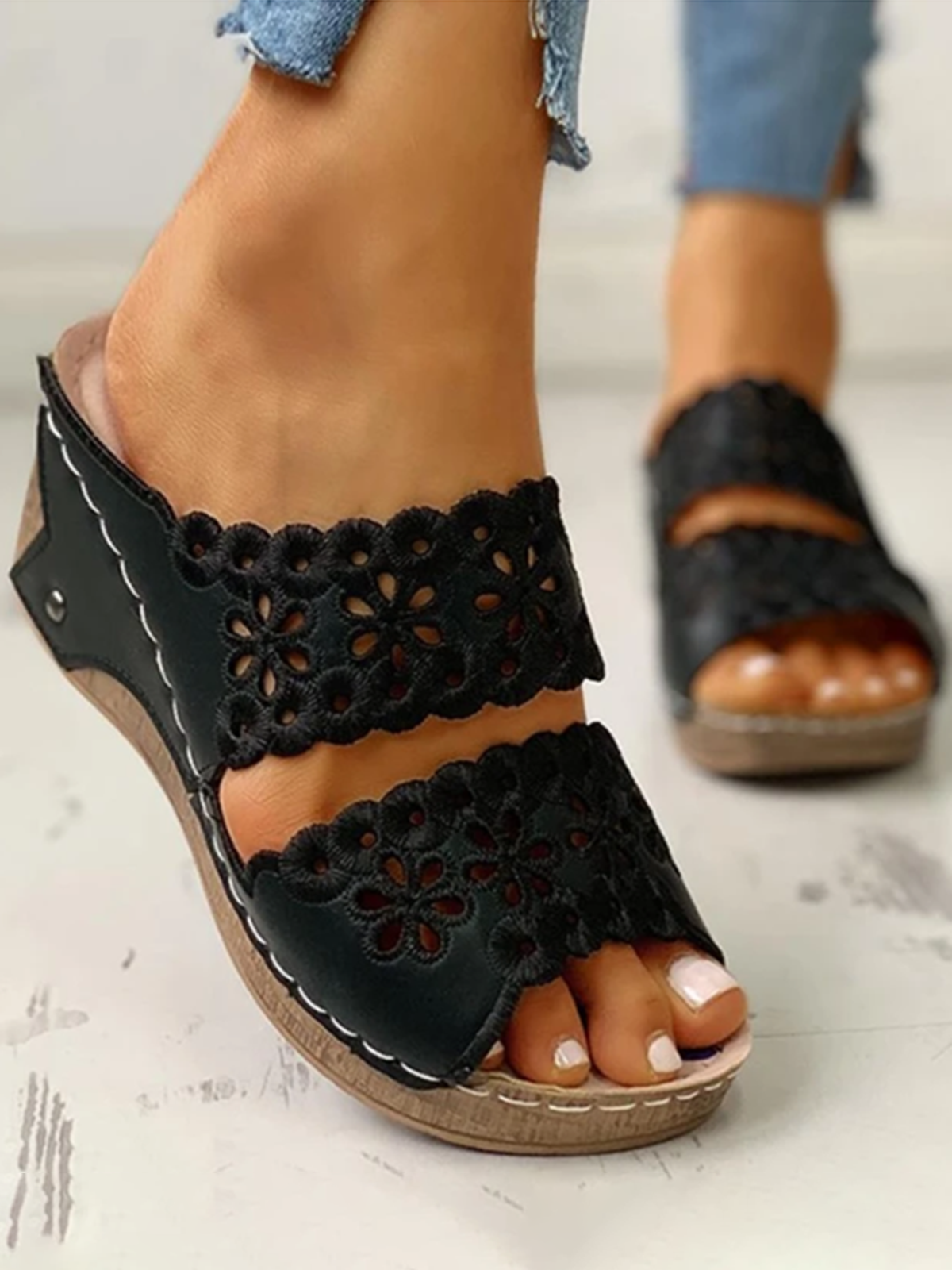 Embroidered Cutout Platform Wedge Slipper Sandals