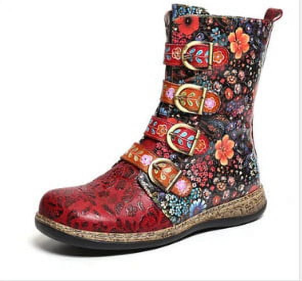 Women's Retro Floral Biker Flat Ankle Boots Faux Leather Zip Buckle Combat Shoes