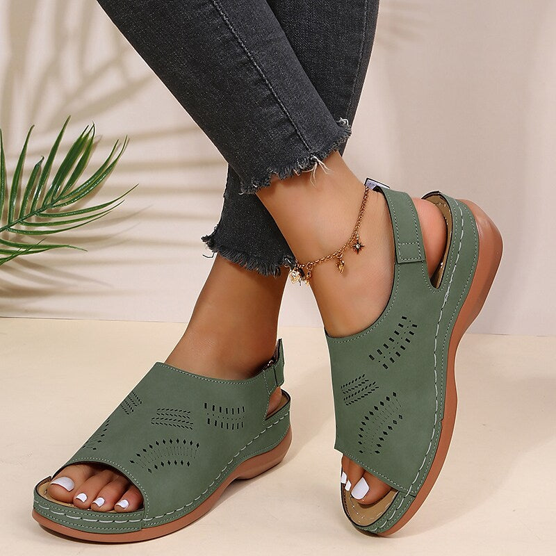 Women's Sandals Daily Summer Wedge Heel Round Toe Casual Walking Shoes PU Leather Ankle Strap Black Blue Brown