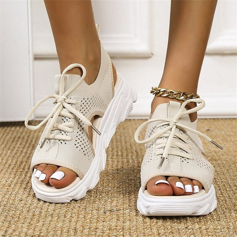 Women's Sandals Platform Sandals Daily Summer Lace-up Platform Open Toe Sporty Casual Mesh Loafer Solid Colored Black Beige