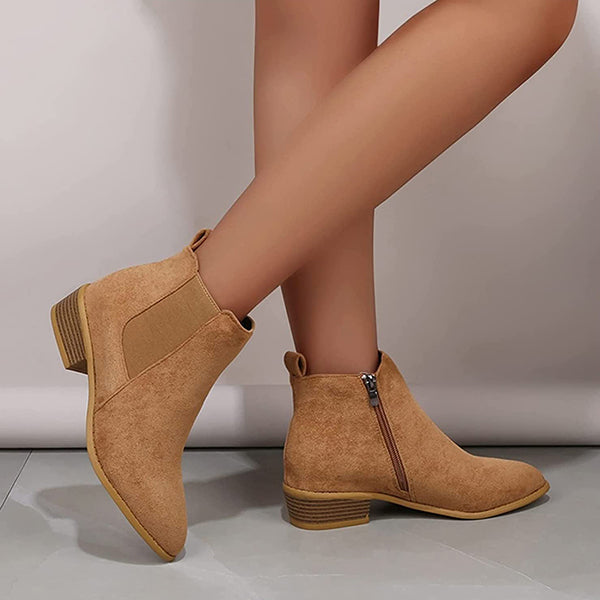 Womens Suede Zipper Side Pointed Thick Heel Boots