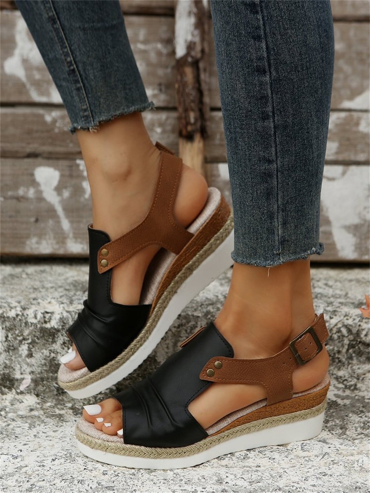 T-Space Women's Stylish Espadrilles Wedge Sandal  Open Toe Ankle Buckle Strap Shoes,Comfy Wedge Shoes Brown