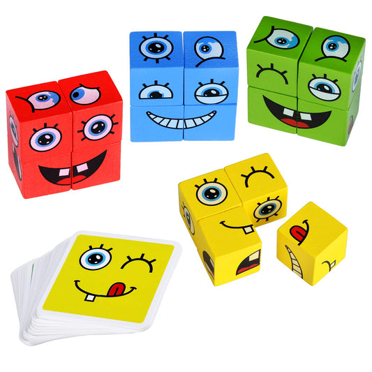 Wooden Expressions Matching Block Puzzle Educational Games Montessori STEM Toy for Kids Preschool Ages 3 Years and Up,Face-Changing Cube Building Blocks