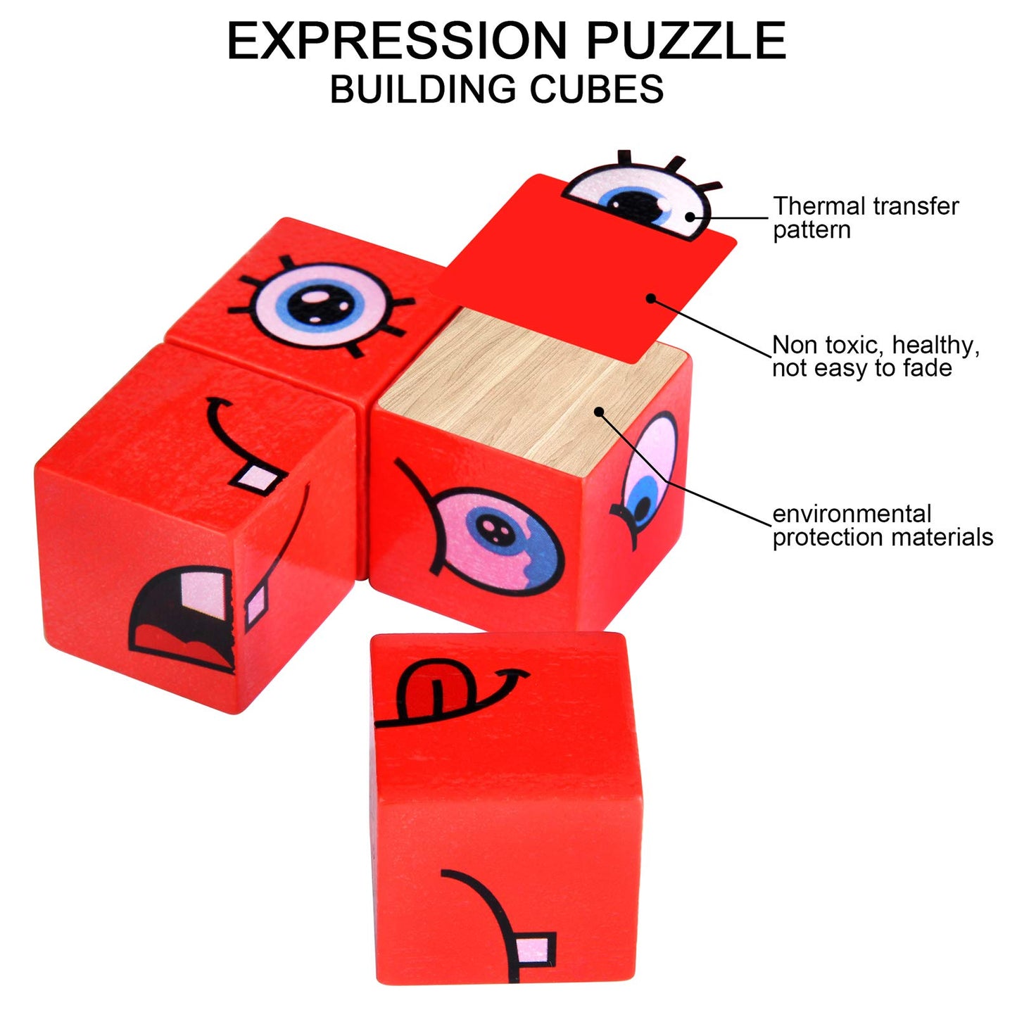 Wooden Expressions Matching Block Puzzle Educational Games Montessori STEM Toy for Kids Preschool Ages 3 Years and Up,Face-Changing Cube Building Blocks