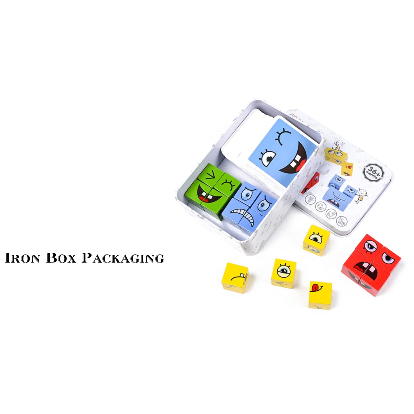 Wooden Expressions Matching Block Puzzle Educational Games Montessori  Toy for Kids Preschool Ages 3 Years and Up,Face-Changing Cube Building Blocks