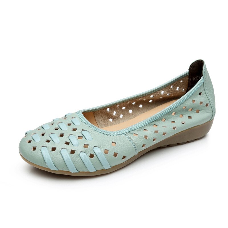 Fashion Genuine Leather Casual Loafers Shoes Women Sandals Summer Shoes Flats with Hollow Out Size 35-43