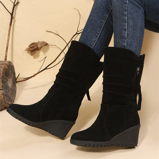 Plus Size Casual Side Zip Faux Suede Wedge Boots