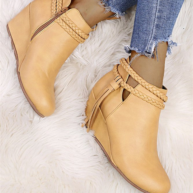 Womens's Plus Size Braided Strap Fringed Wedge Heel Booties