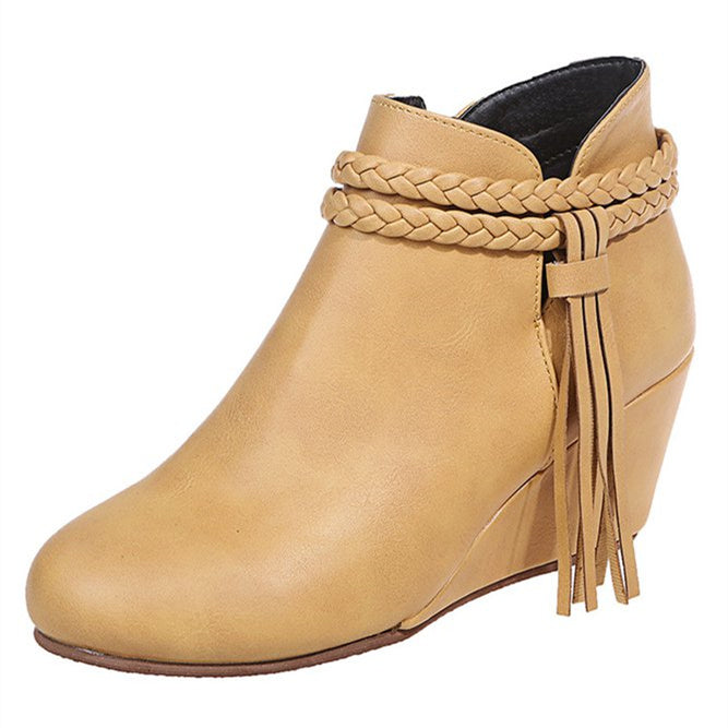 Womens's Plus Size Braided Strap Fringed Wedge Heel Booties