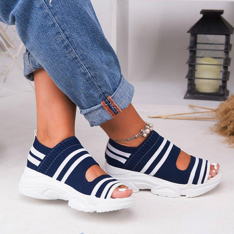 Fashionkova  New Women Sandals 2022 High Heels Platform Women Shoes Summer Female Flats Knitting Slip On Peep Toe Casual Women Sandals