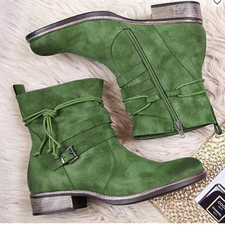 Women's Round Toe Side Zipper Low Heel Flat Belt Buckle Suede Boots