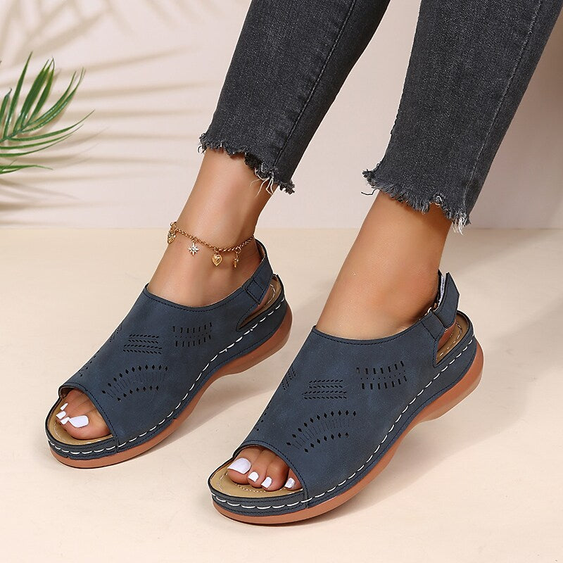 Women's Sandals Daily Summer Wedge Heel Round Toe Casual Walking Shoes PU Leather Ankle Strap Black Blue Brown