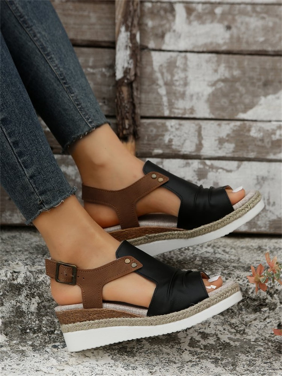 T-Space Women's Stylish Espadrilles Wedge Sandal  Open Toe Ankle Buckle Strap Shoes,Comfy Wedge Shoes Brown