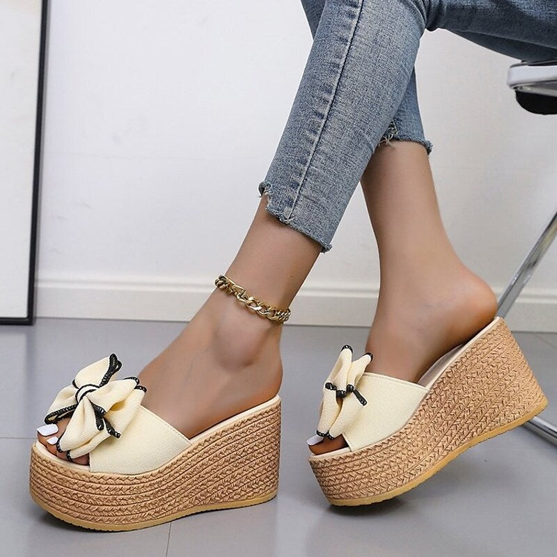 Women's Sandals Wedge Sandals Espadrilles Platform Sandals Bowknot Platform Wedge Heel Round Toe PU Loafer Solid Colored Black Rosy Pink Green