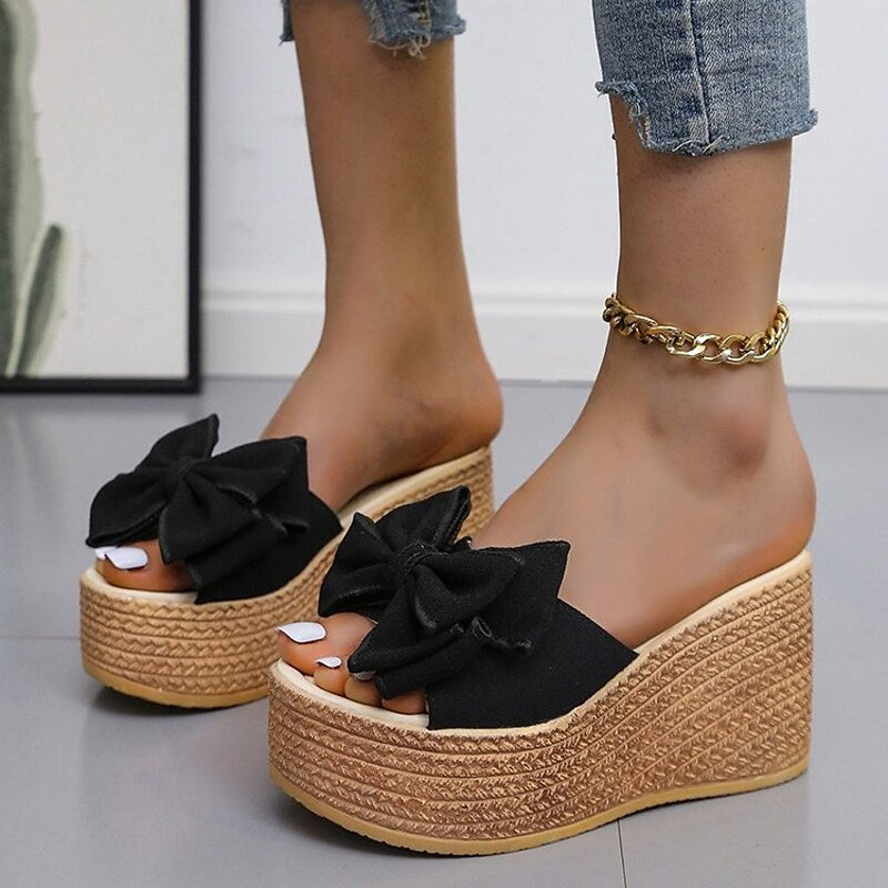 Women's Sandals Wedge Sandals Espadrilles Platform Sandals Bowknot Platform Wedge Heel Round Toe PU Loafer Solid Colored Black Rosy Pink Green