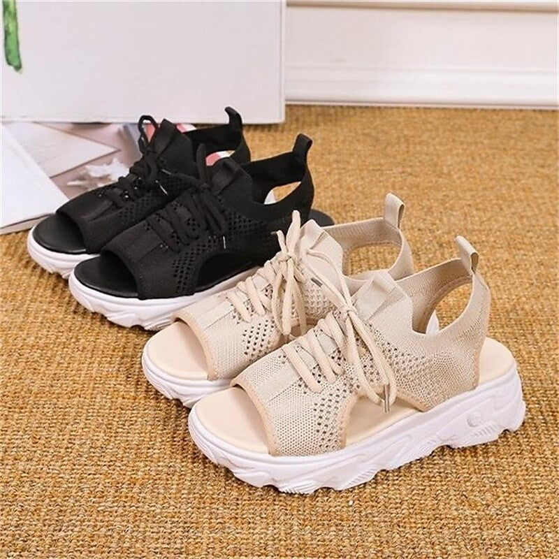 Women's Sandals Platform Sandals Daily Summer Lace-up Platform Open Toe Sporty Casual Mesh Loafer Solid Colored Black Beige