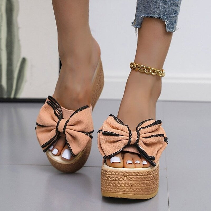 Women's Sandals Wedge Sandals Espadrilles Platform Sandals Bowknot Platform Wedge Heel Round Toe PU Loafer Solid Colored Black Rosy Pink Green