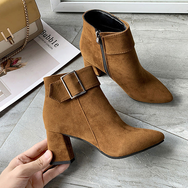 LAST DAY 50% OFF-Women's Suede Belt Buckle Zipper Thick Heel Pointed Ankle Boots