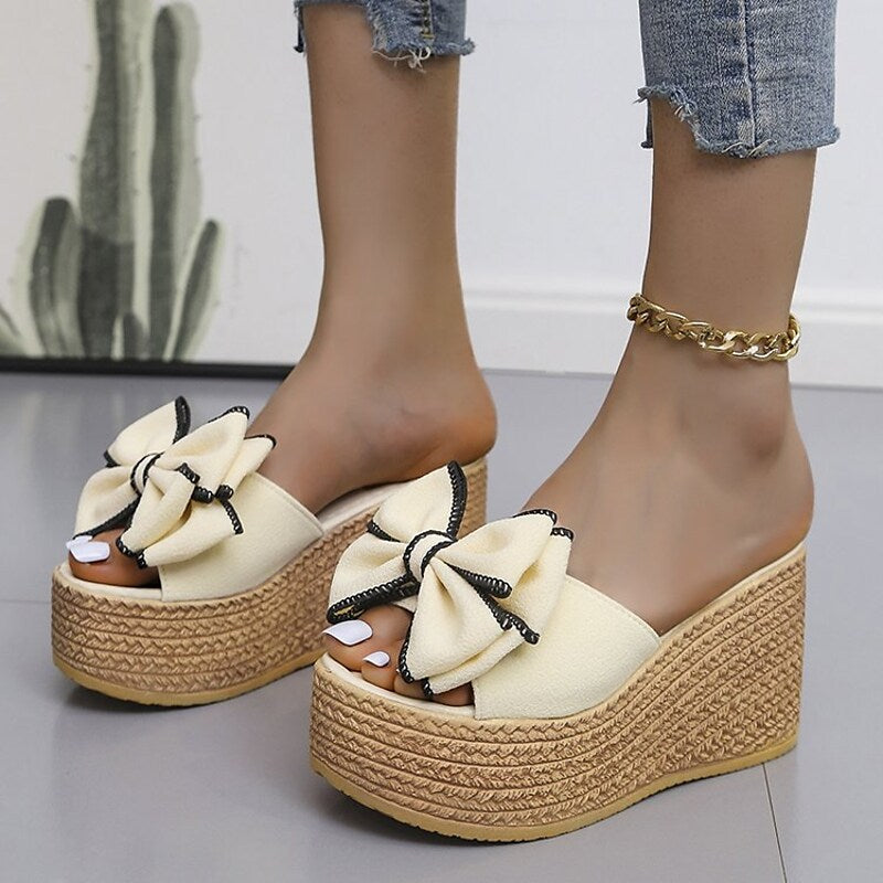 Women's Sandals Wedge Sandals Espadrilles Platform Sandals Bowknot Platform Wedge Heel Round Toe PU Loafer Solid Colored Black Rosy Pink Green
