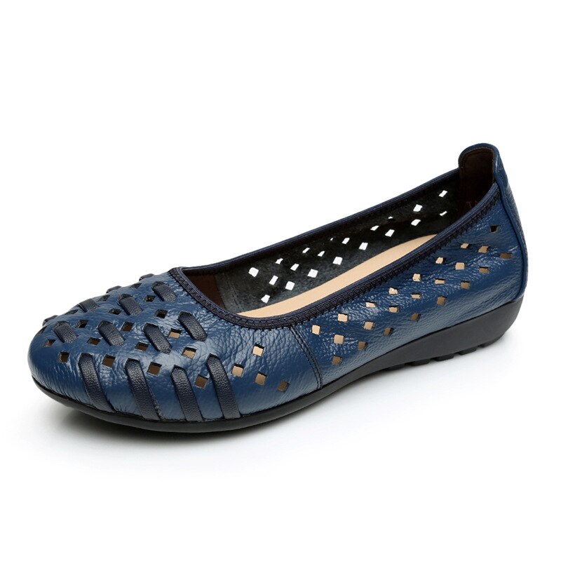 Fashion Genuine Leather Casual Loafers Shoes Women Sandals Summer Shoes Flats with Hollow Out Size 35-43