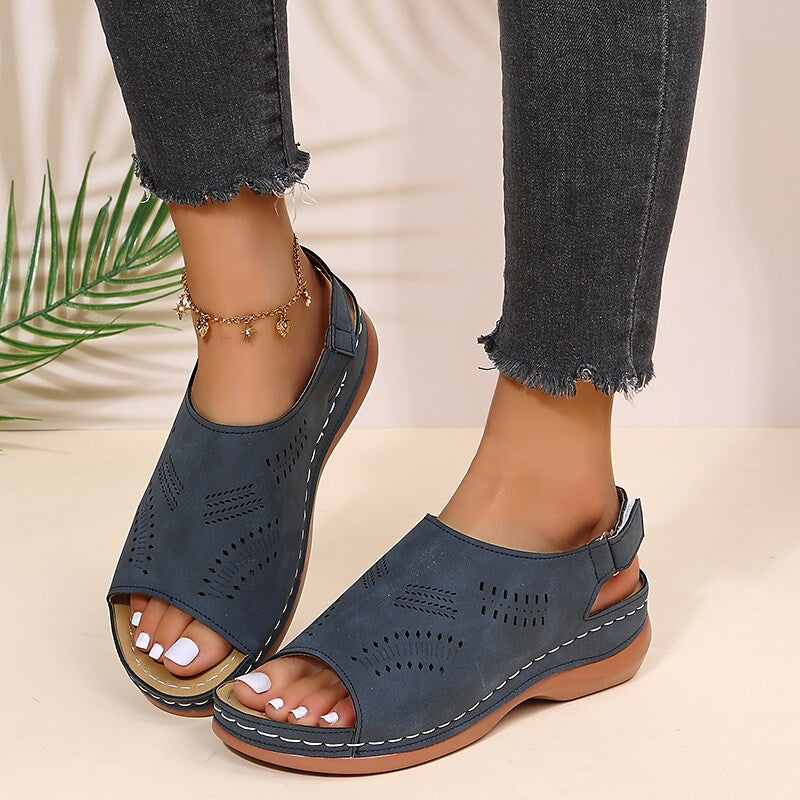 Women's Sandals Daily Summer Wedge Heel Round Toe Casual Walking Shoes PU Leather Ankle Strap Black Blue Brown