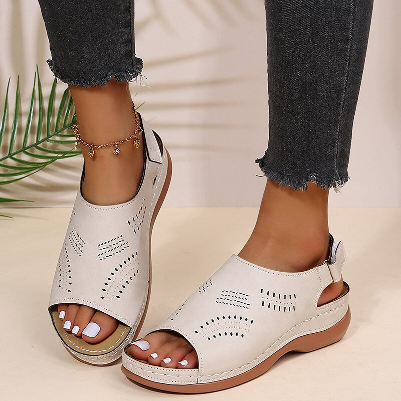 Women's Sandals Daily Summer Wedge Heel Round Toe Casual Walking Shoes PU Leather Ankle Strap Black Blue Brown