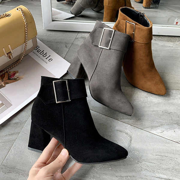 LAST DAY 50% OFF-Women's Suede Belt Buckle Zipper Thick Heel Pointed Ankle Boots