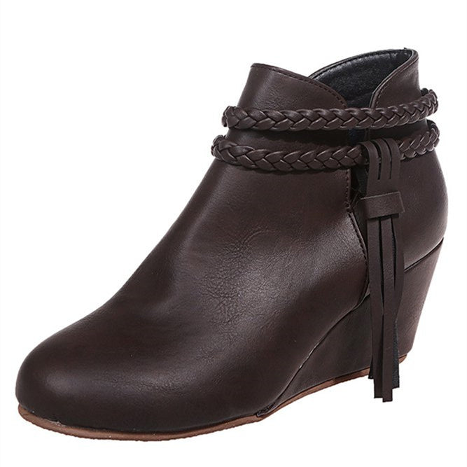 Womens's Plus Size Braided Strap Fringed Wedge Heel Booties