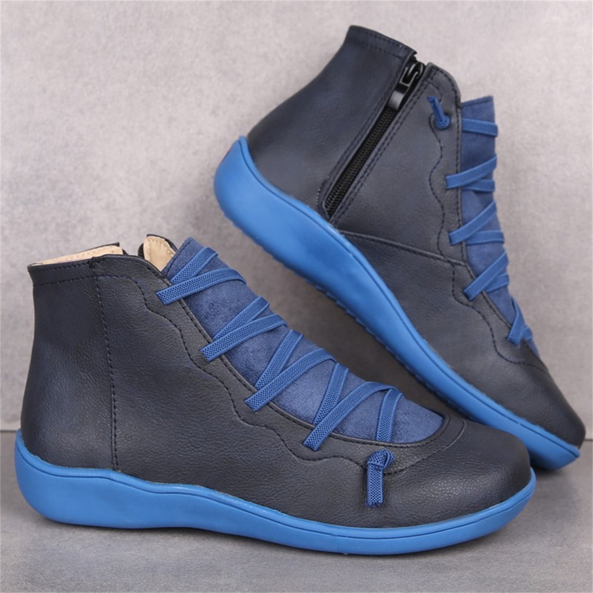 T-Space Women's Casual Flat Retro Lace-up Boots Side Zipper Round Toe Shoe Boots