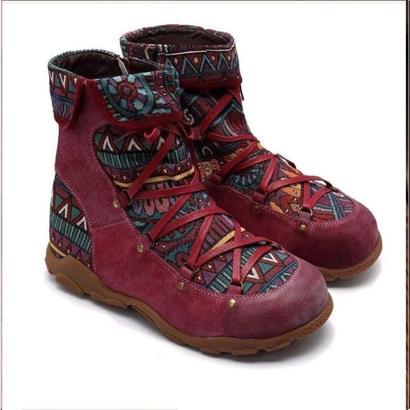 Women's Faux Leather Outdoor Jacquard Faux Leather Stitching Ankle Super Comfortable Ethnic Flat Boots