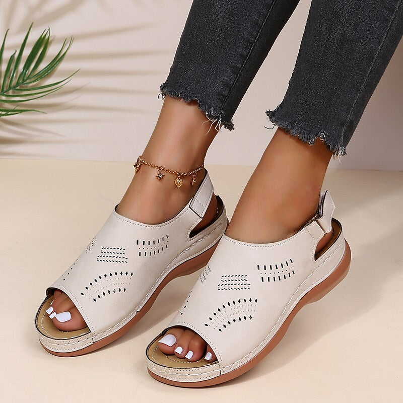 Women's Sandals Daily Summer Wedge Heel Round Toe Casual Walking Shoes PU Leather Ankle Strap Black Blue Brown