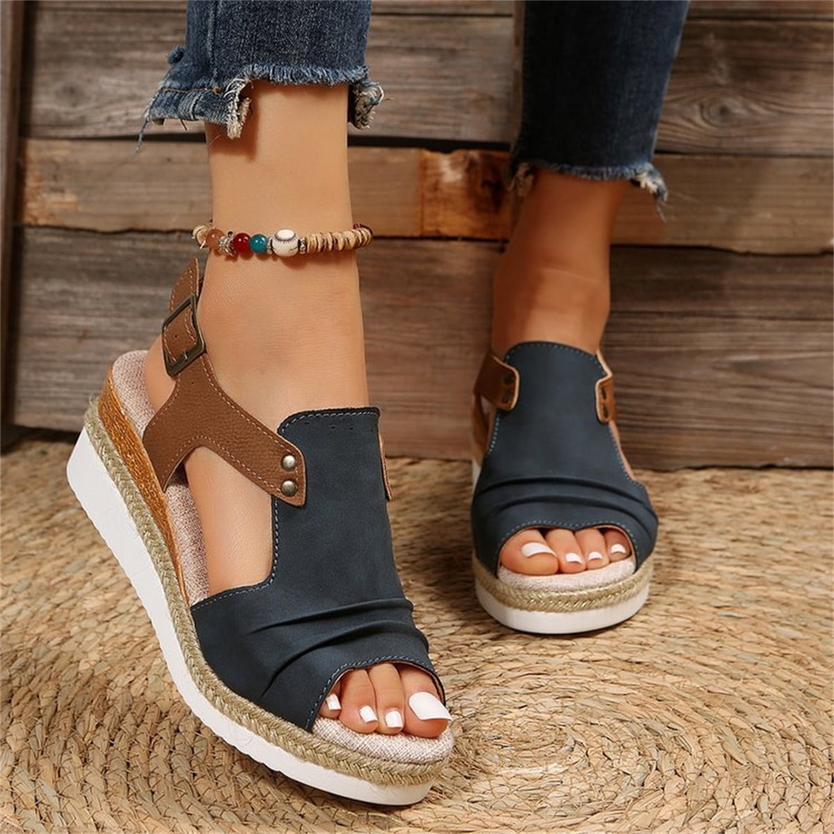 T-Space Women's Stylish Espadrilles Wedge Sandal  Open Toe Ankle Buckle Strap Shoes,Comfy Wedge Shoes Brown