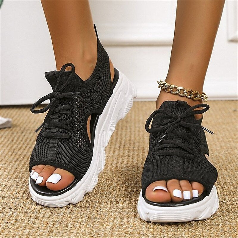 Women's Sandals Platform Sandals Daily Summer Lace-up Platform Open Toe Sporty Casual Mesh Loafer Solid Colored Black Beige