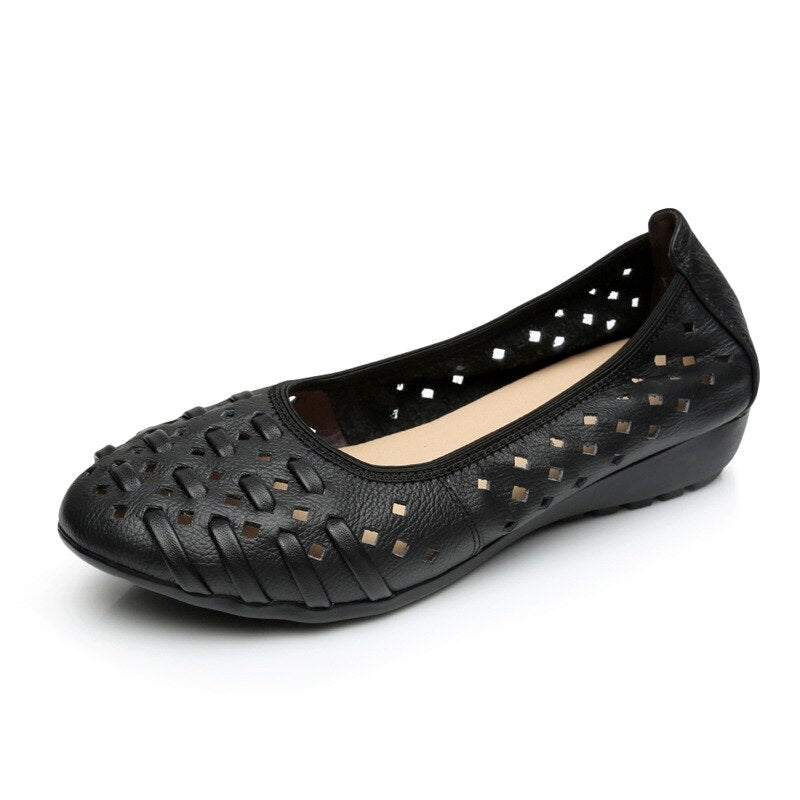 Fashion Genuine Leather Casual Loafers Shoes Women Sandals Summer Shoes Flats with Hollow Out Size 35-43