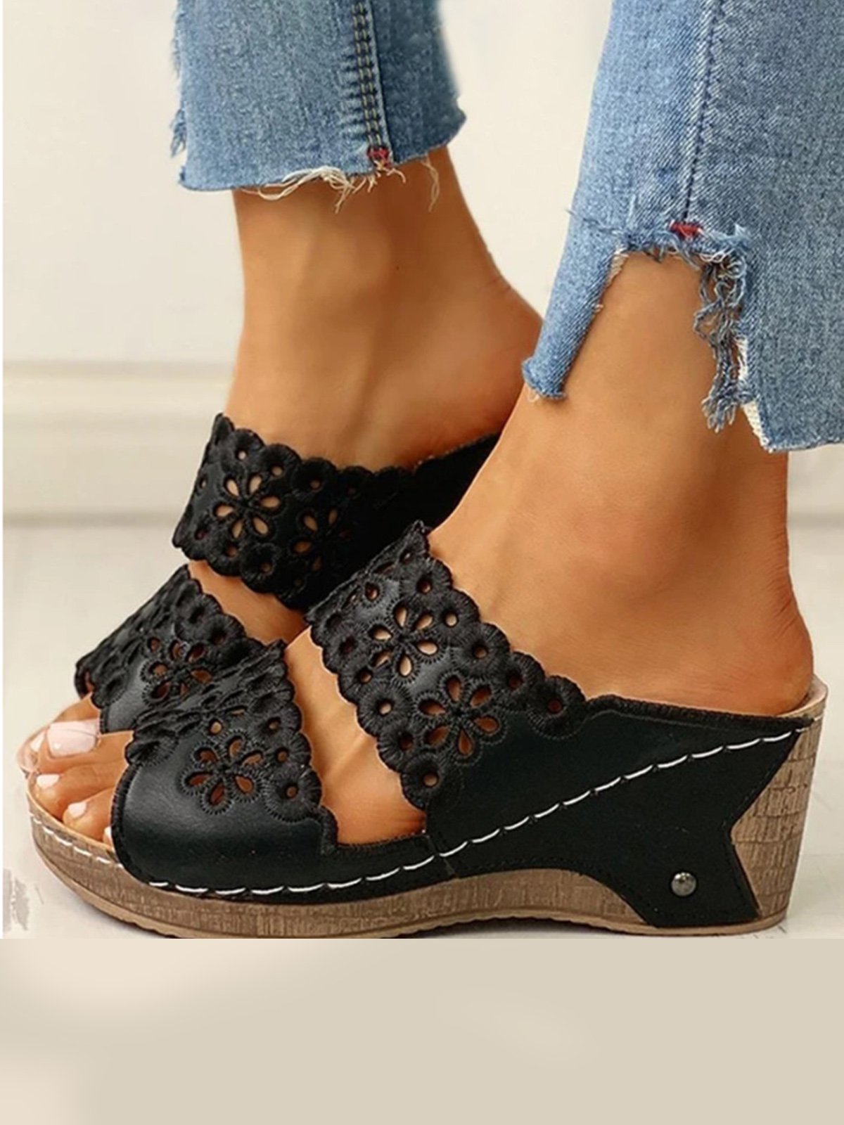 Embroidered Cutout Platform Wedge Slipper Sandals