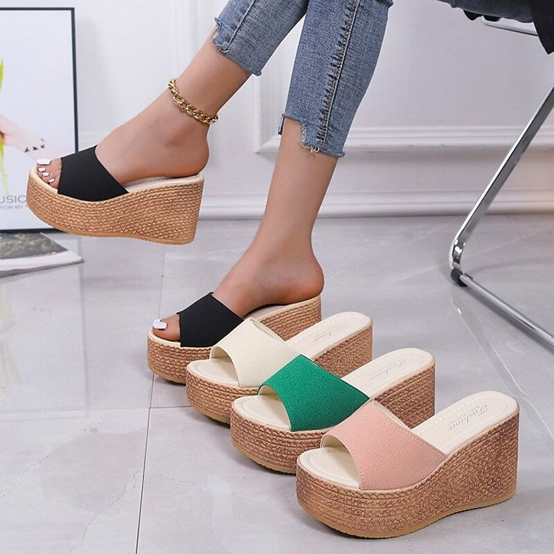 Women's Sandals Wedge Sandals Espadrilles Platform Sandals Platform Wedge Heel Round Toe PU Solid Colored Black Rosy Pink Green