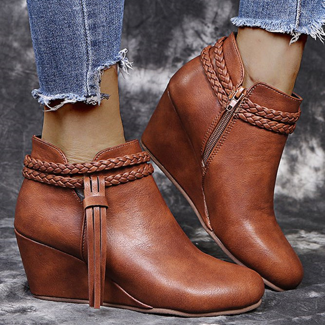 Womens's Plus Size Braided Strap Fringed Wedge Heel Booties