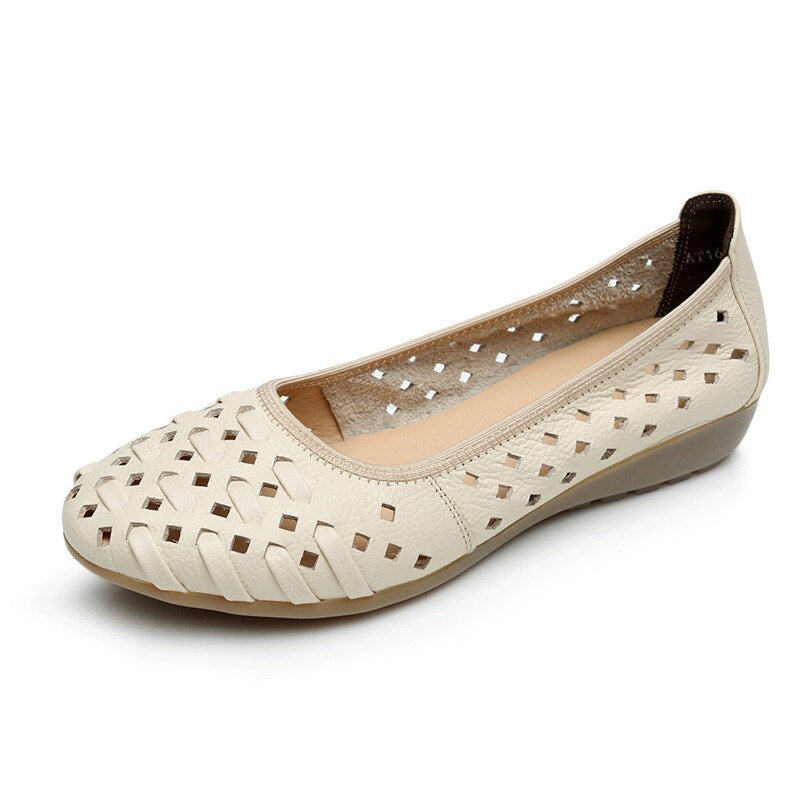Fashion Genuine Leather Casual Loafers Shoes Women Sandals Summer Shoes Flats with Hollow Out Size 35-43