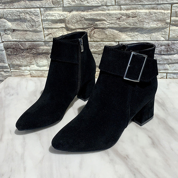 LAST DAY 50% OFF-Women's Suede Belt Buckle Zipper Thick Heel Pointed Ankle Boots