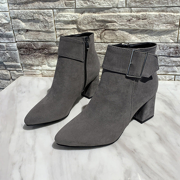 LAST DAY 50% OFF-Women's Suede Belt Buckle Zipper Thick Heel Pointed Ankle Boots