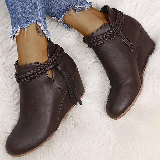 Womens's Plus Size Braided Strap Fringed Wedge Heel Booties