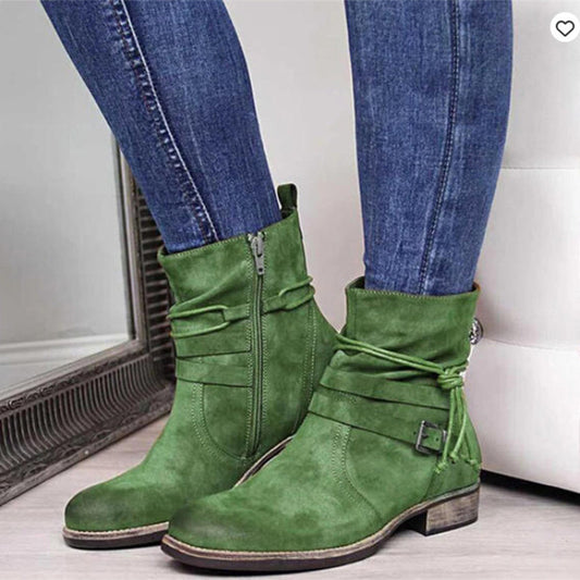 Women's Round Toe Side Zipper Low Heel Flat Belt Buckle Suede Boots