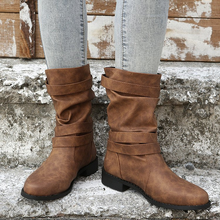 Ruched Buckle Casual Leather Booties