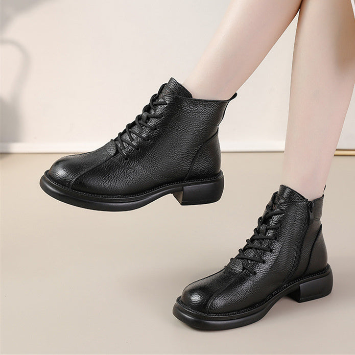 Women's Solid Color Casual Shoelace Mid Heel Cotton Boots