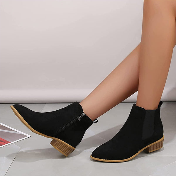 Womens Suede Zipper Side Pointed Thick Heel Boots