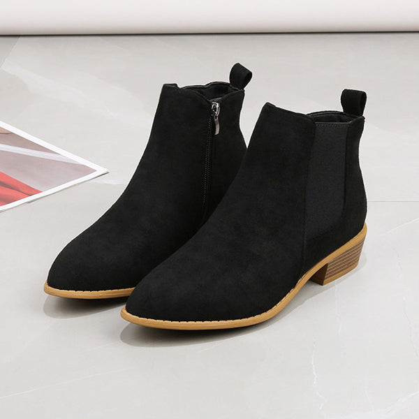 Womens Suede Zipper Side Pointed Thick Heel Boots